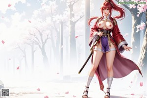 A woman in traditional attire holds a sword by a poolside with blossoms.