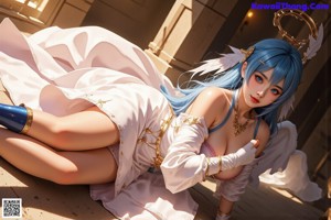 A woman with long blue hair wearing a brown dress.