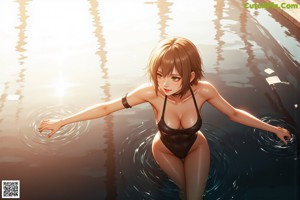 A woman in a bikini standing next to a swimming pool.