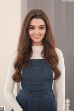 A woman in a blue top and gray tights posing for a picture.