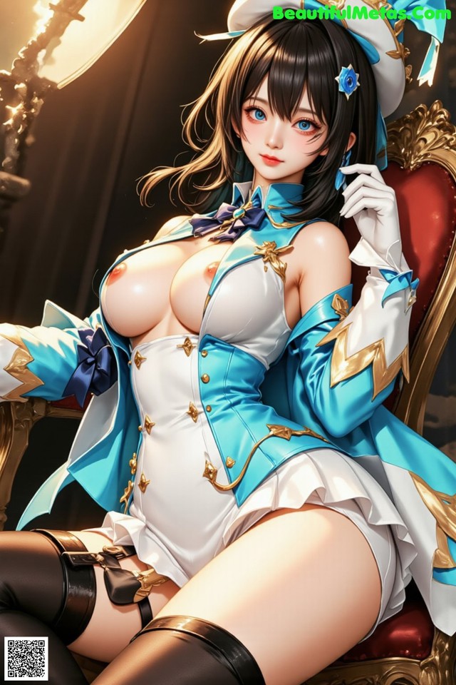 Hentai - Luminous Charm of the Aquatic Enchantress Set.1 20250125 Part 14 No.a1155f A woman in a blue and white outfit sitting on a red chair.