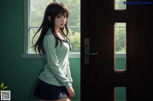 Anime girl with big tits sitting on a bed.