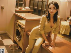 A woman sitting on a bed in a room.