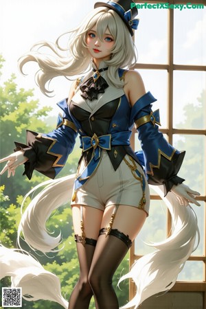 A woman with long blue hair wearing a top hat.