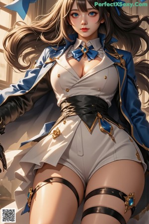 A woman in a blue and white outfit sitting on a ledge.
