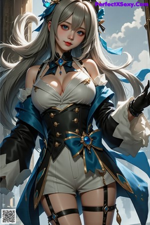 A woman in a blue and white outfit with a top hat.