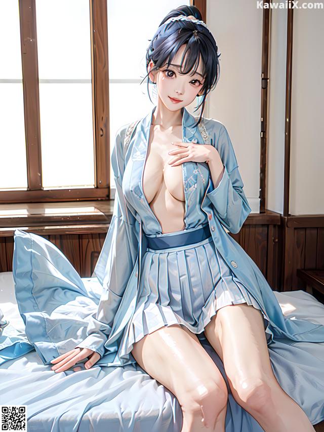A woman in a blue kimono sitting on a bed.