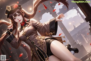 A woman in a brown jacket and black shorts holding a sword.