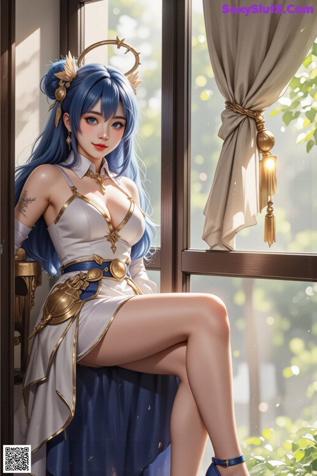 Hentai - Captivating Grace of the Cosmic Maiden Set.1 20250124 Part 17 No.deaeb8 A woman with blue hair sitting on a window sill.