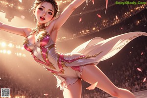A woman in a gold dress dancing on a stage.