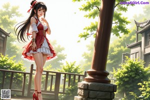 A woman in a red and white dress is dancing in a garden.