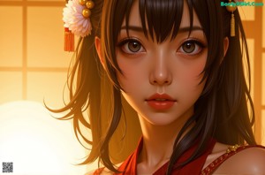 A girl in a pink and white kimono sitting on a bed.