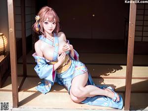 A woman in a blue kimono sitting on a stone wall.