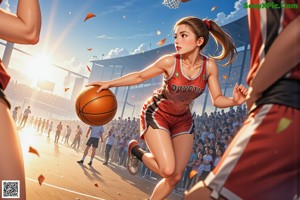 A woman in a basketball uniform holding a basketball on a court.