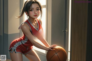 A woman holding a basketball on top of a basketball court.