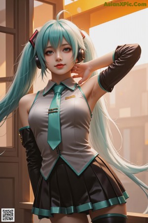 A girl with long green hair sitting on a ledge.