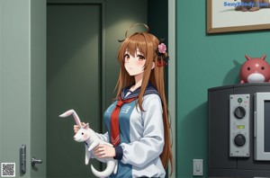 A naked asian woman wearing bunny ears leaning against a wall.