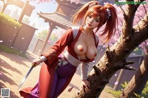 A woman in traditional attire stands under a wooden structure with cherry blossoms in the background.