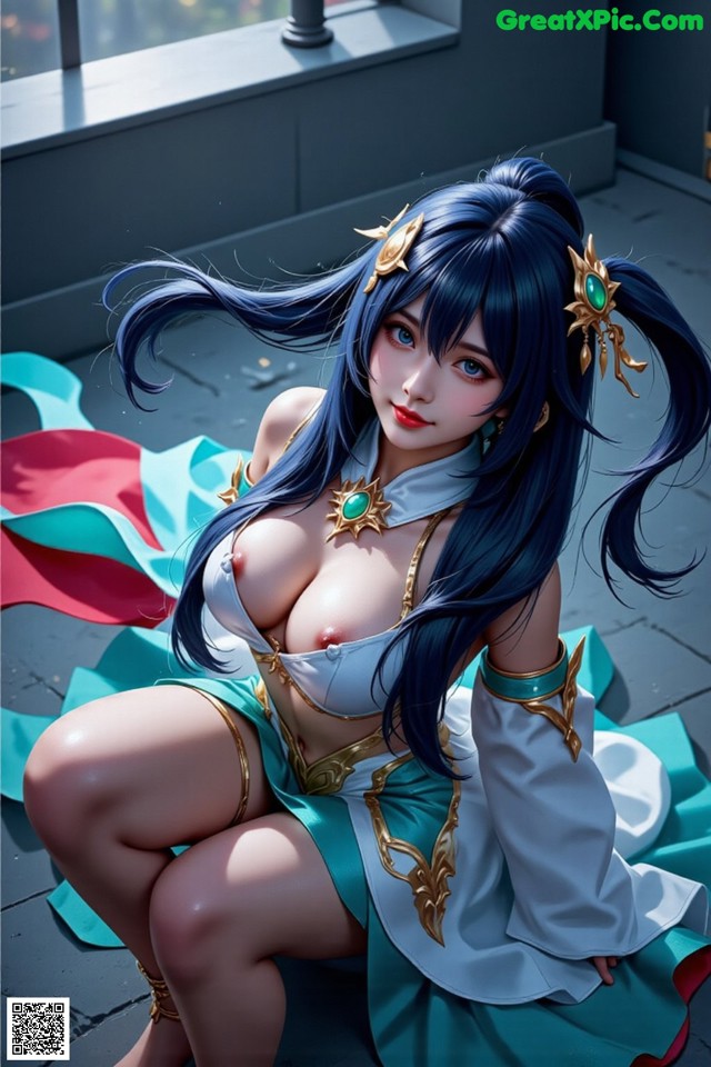 Hentai - Under the Radiance of Celestial Grace Set.1 20250106 Part 16 No.0a17fe A woman with long blue hair sitting on the ground.
