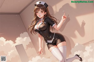 A woman in a nurse outfit sitting on a stool.