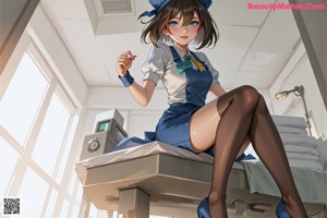 A woman in a nurse outfit standing in front of a window.