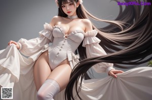 a woman in a white dress and stockings posing for a picture
