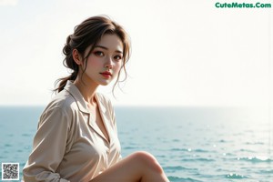 A woman standing in front of a window next to a table.