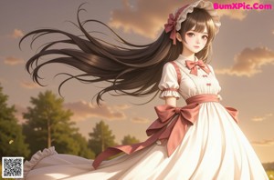 A woman in a pink dress sitting on a bed.