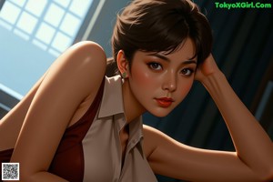 A woman in a black skirt and a white shirt is pointing at something.