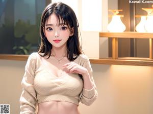 A woman in a white lingerie sitting on a bed.