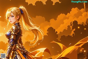 A girl with long blonde hair holding a sword.