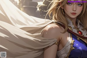 A woman in a white and blue outfit holding a sword.