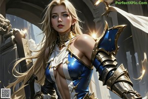 A woman in a blue and gold outfit holding a sword.
