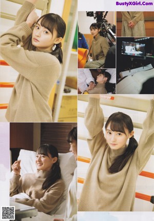 A woman in a brown sweater is looking at the camera.