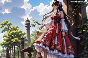 A woman in a red and white dress sitting on a railing.