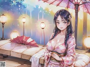 A woman in a white kimono sitting at a table.