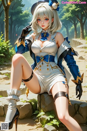 A woman in a blue and white outfit is posing for a picture.
