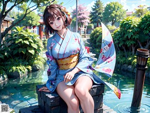 A woman in a blue kimono posing for a picture.