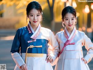 A woman in a pink and gold hanbok holding a flower.